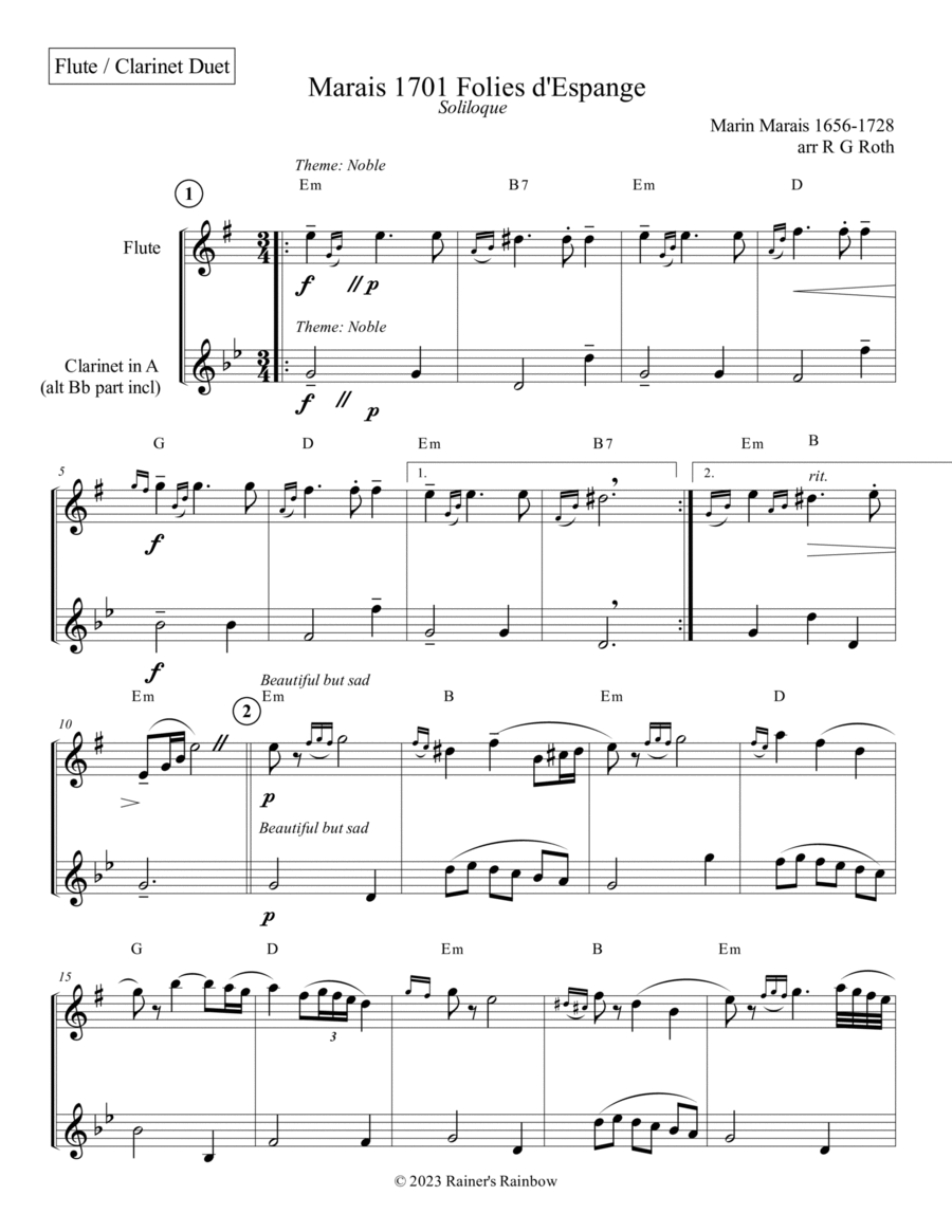 Marais 1701 Folies d'Espagne Flute and Clarinet Duet Score and Parts Woodwind Duet scores gallery preview page 1