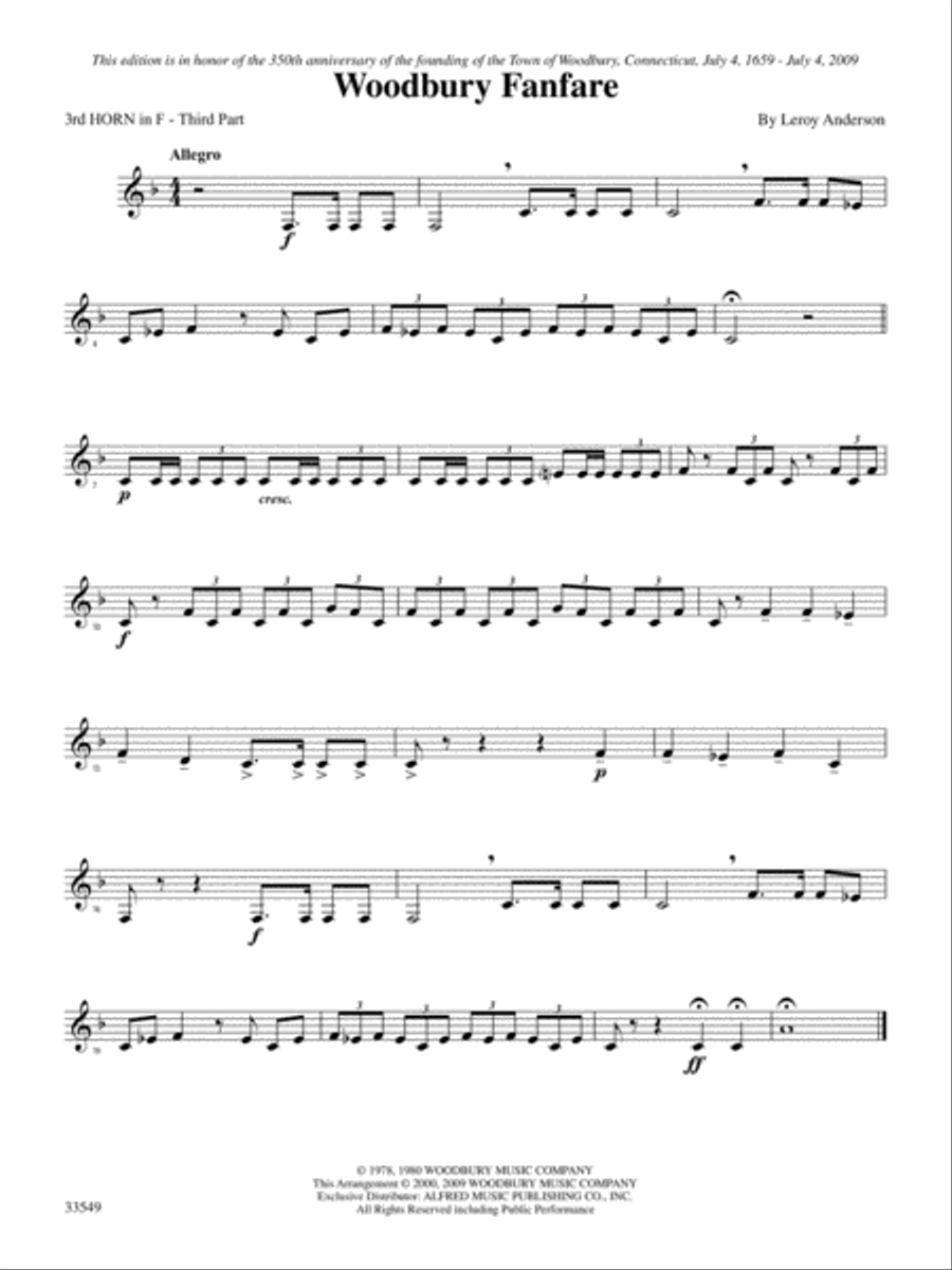Woodbury Fanfare: 3rd F Horn Brass Quartet scores gallery preview page 1
