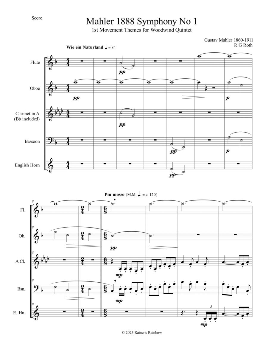 Mahler 1888 Symphony No 1 1st Movement Themes Woodwind Quintet Score and Parts Woodwind Quintet scores gallery preview page 1