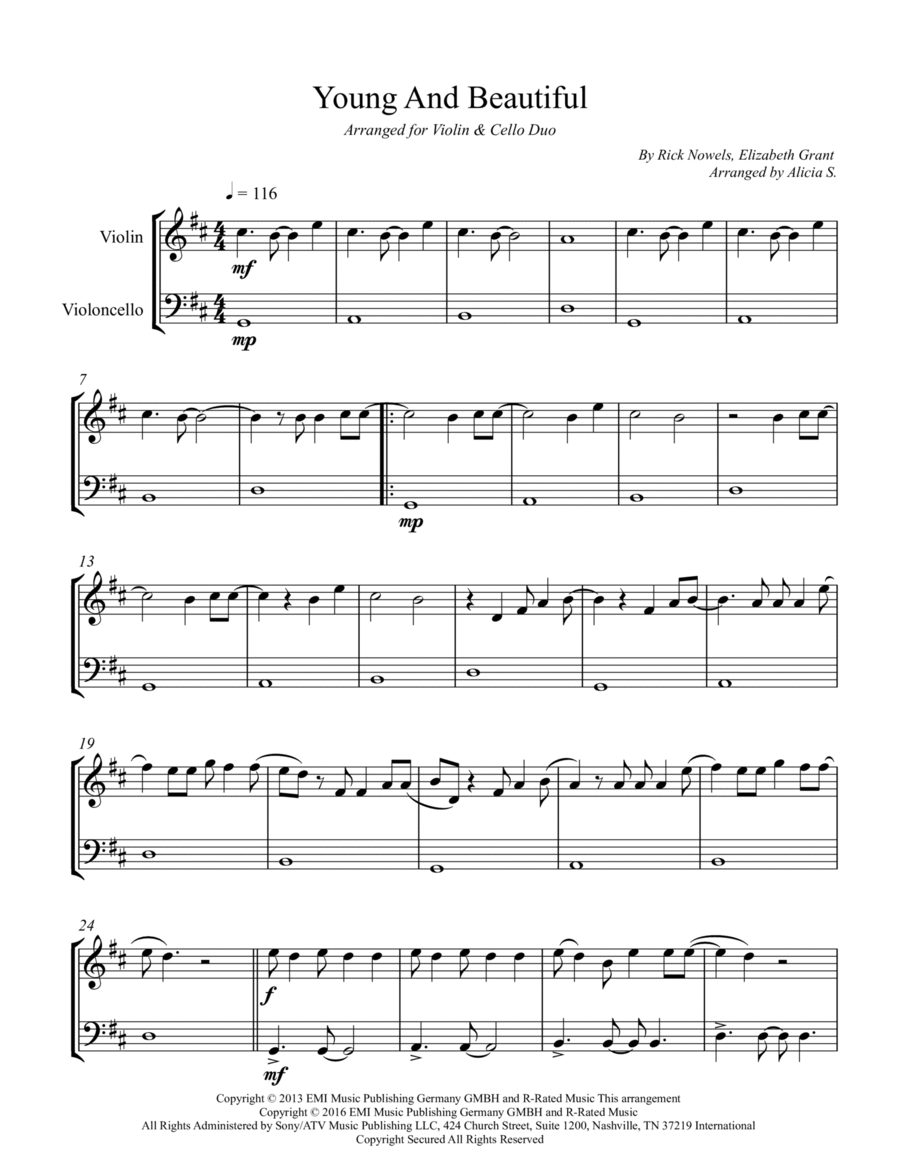 Young And Beautiful String Duet scores gallery preview page 1