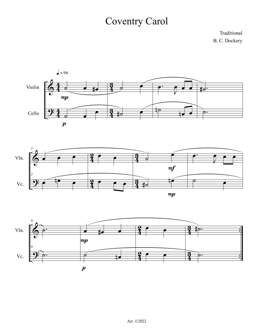 Coventry Carol (Violin and Cello Duet) String Duet scores gallery preview page 1