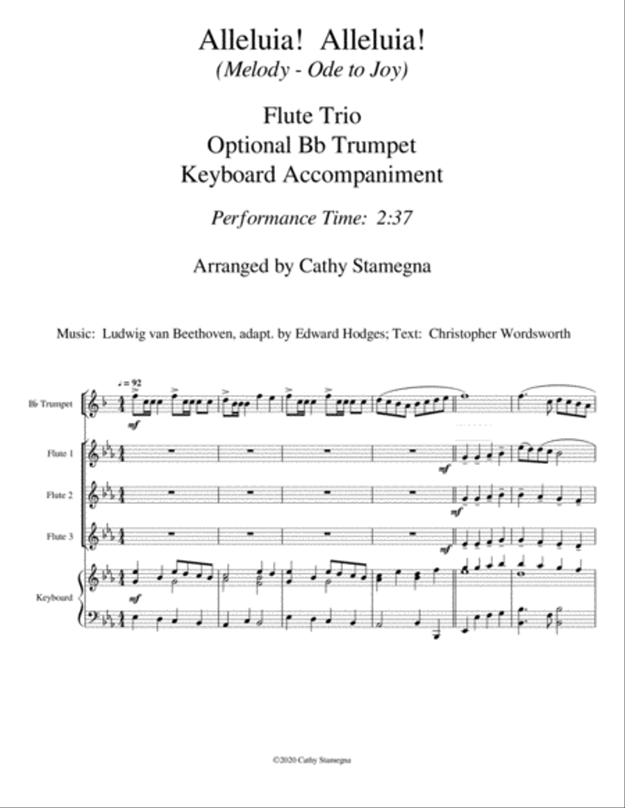 Alleluia! Alleluia! - (melody is Ode to Joy) - Flute Trio, Opt. Bb Trumpet, Keyboard Acc. Woodwind Trio scores gallery preview page 2