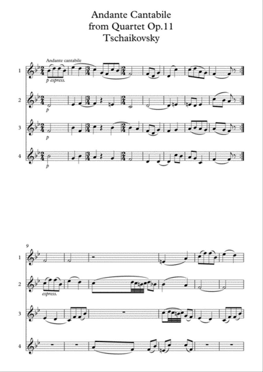 ANDANTE CANTABILE from Quartet Op.11 for 4 flutes - TSCHAIKOVSKY Flute Quartet scores gallery preview page 2