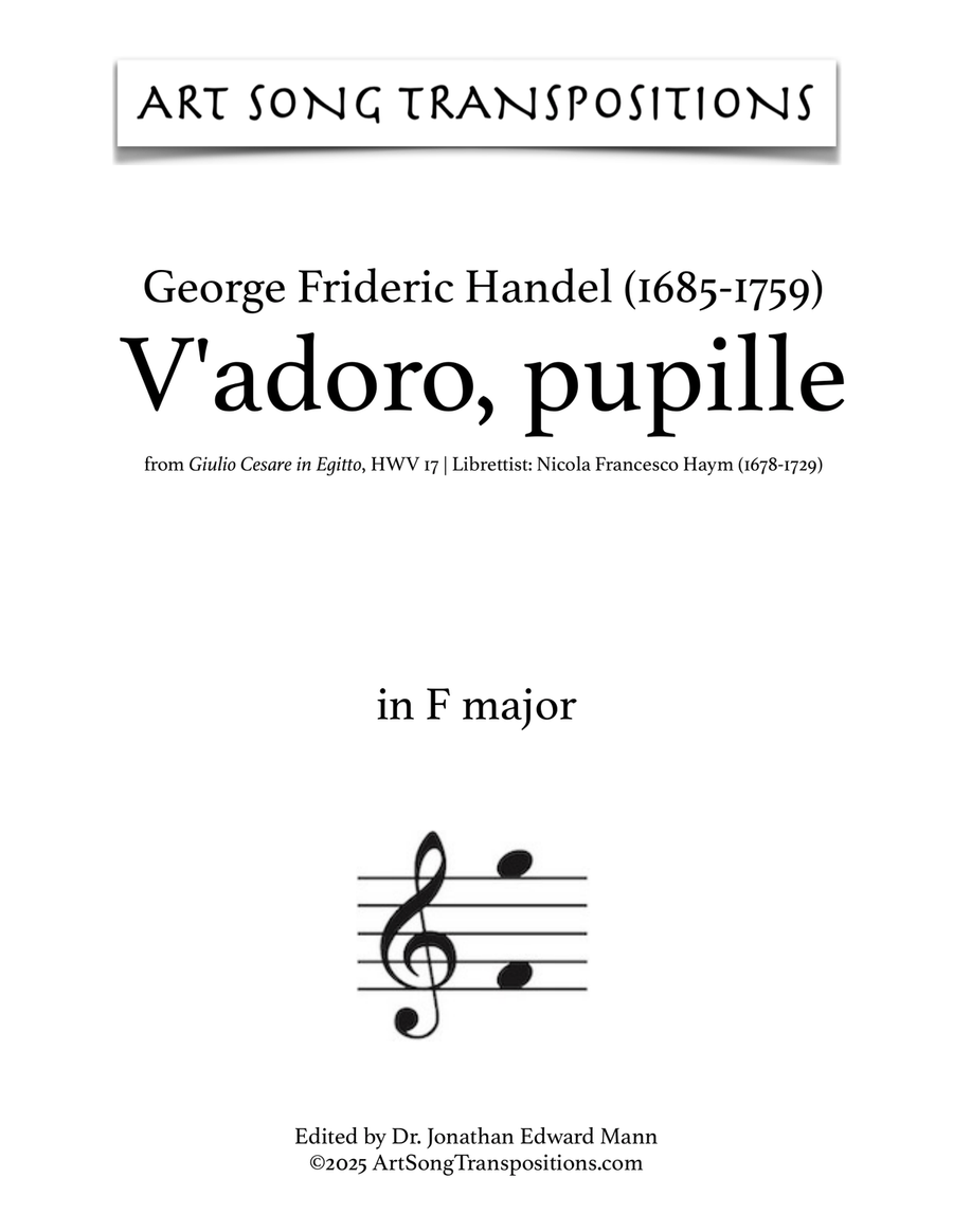 HANDEL: V'adoro, pupille (transposed to F major) Piano, Vocal scores gallery preview page 1