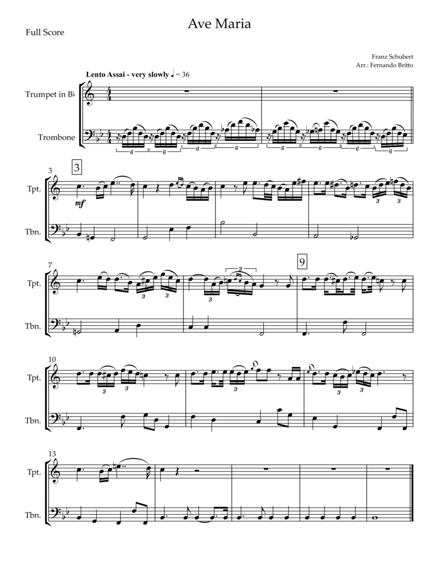 Ave Maria (Franz Schubert) for Trumpet in Bb & Trombone Duo Brass Duet scores gallery preview page 1