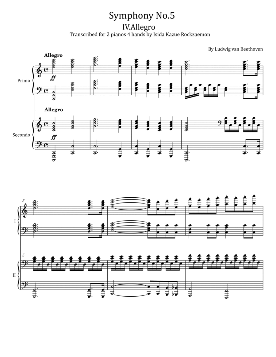 Beethoven - Symphony No.5 in C Minor, Op. 67 IV.Allegro - For 2Piano 4hands - Original 2 Pianos, 4-Hands scores gallery preview page 1
