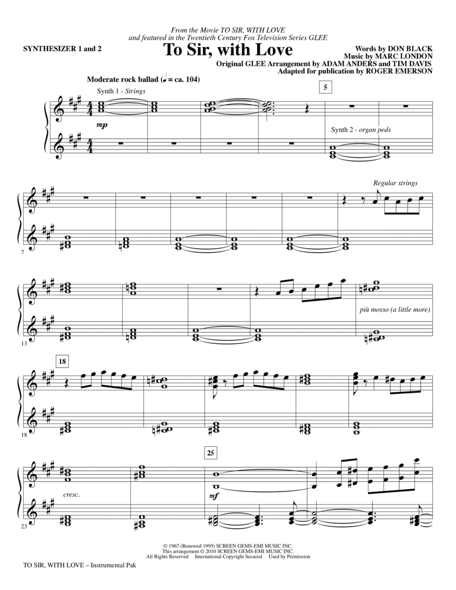 To Sir, With Love - Synthesizer 1 and 2 Choir scores gallery preview page 1