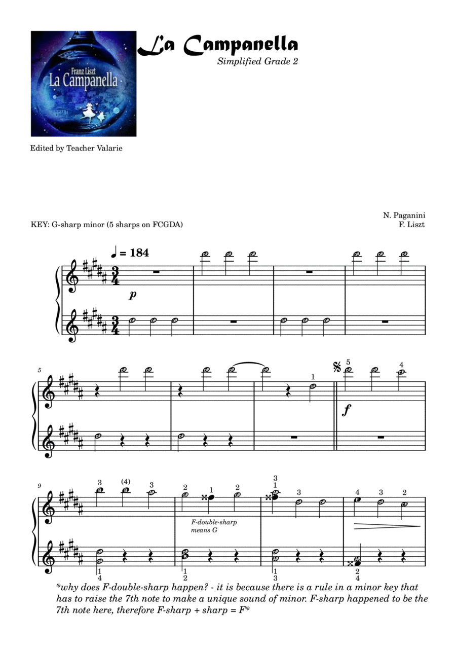 La Campanella (Simplified) Grade 2 Easy Piano withnote names finger numbers Self Learning Series Easy Piano scores gallery preview page 1