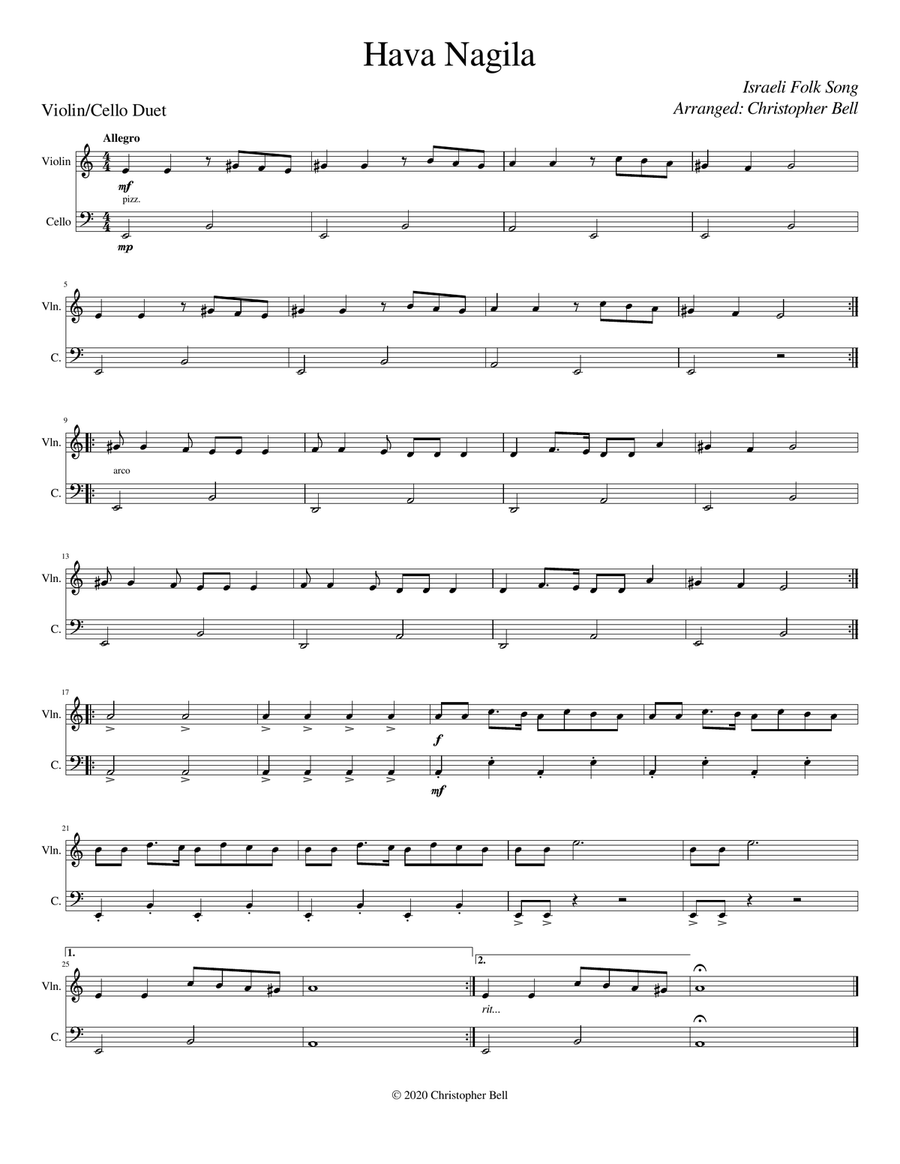 Hava Nagila - Easy Violin/Cello Duet image number null