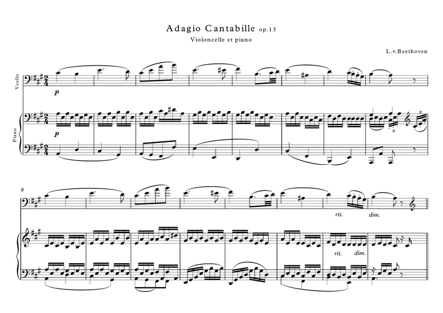 Adagio Cantabille op13 Beethoven Cello Piano duet Cello Solo scores gallery preview page 1