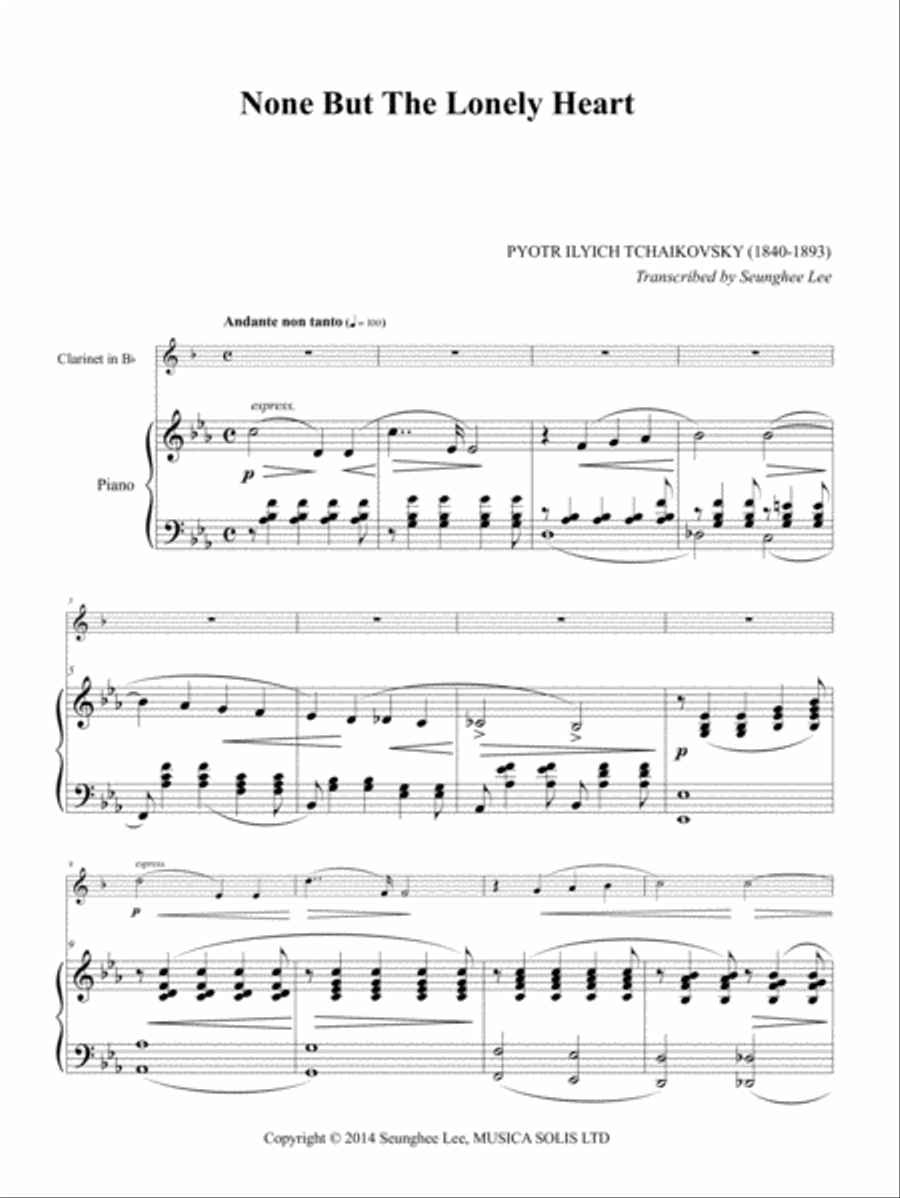 Tchaikovsky: None But The Lonely Heart for Clarinet and Piano Clarinet Solo scores gallery preview page 1