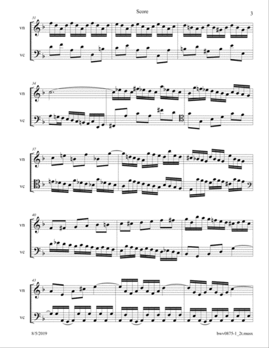 Bach: Prelude in d BWV 875 from The Well Tempered Clavier arranged for Violin and Cello String Duet scores gallery preview page 3