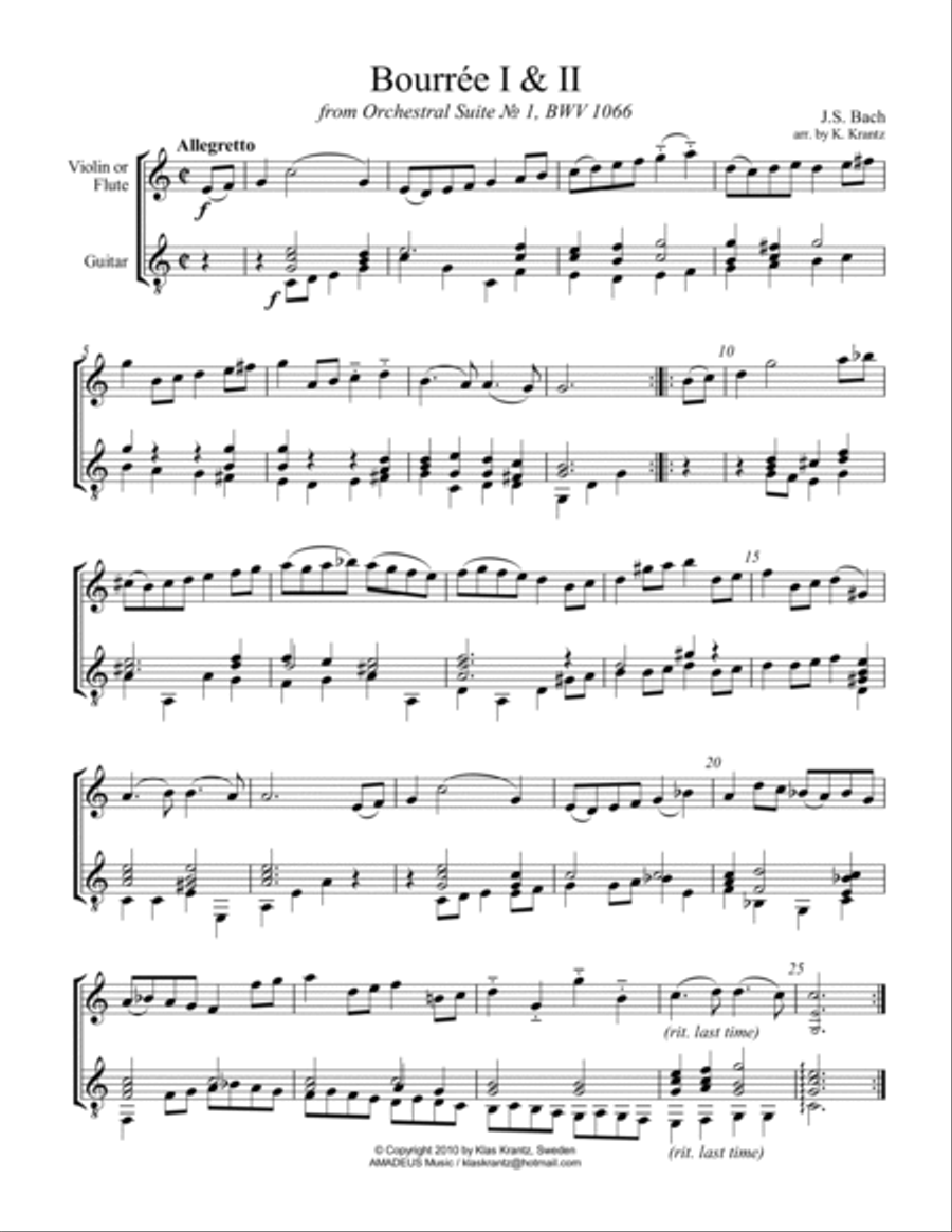 Bourree 1 & 2 from Suite No 1, BWV 1066 for violin or flute and guitar Flute scores gallery preview page 2
