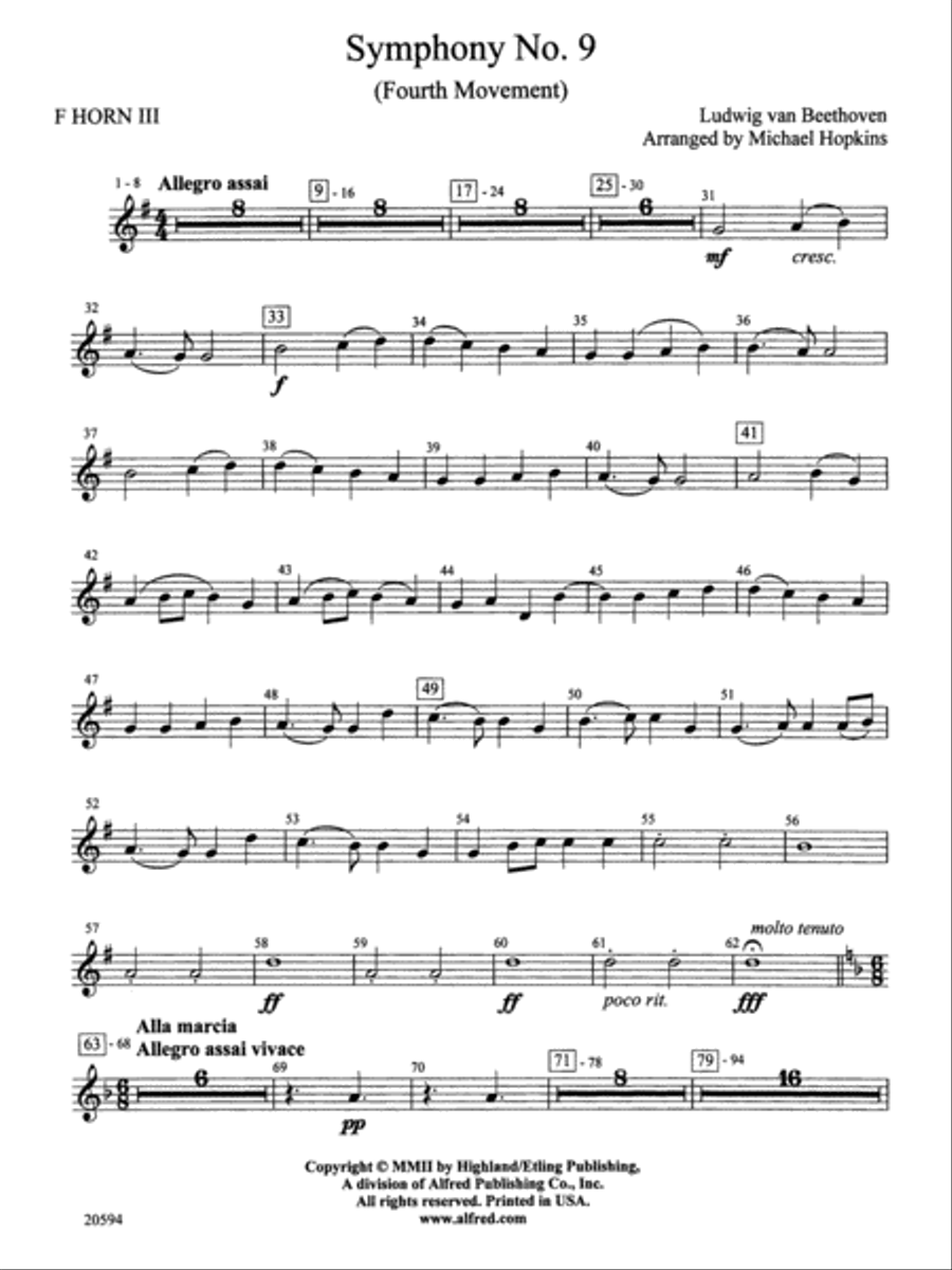 Symphony No. 9 (Fourth Movement): 3rd F Horn Full Orchestra scores gallery preview page 1
