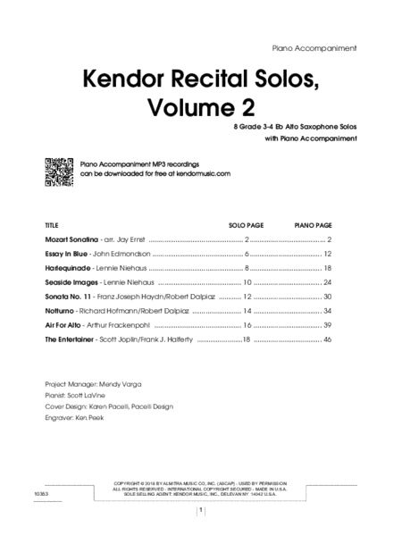 Kendor Recital Solos, Volume 2 - Eb Alto Saxophone With Piano Accompaniment & MP3s image number null