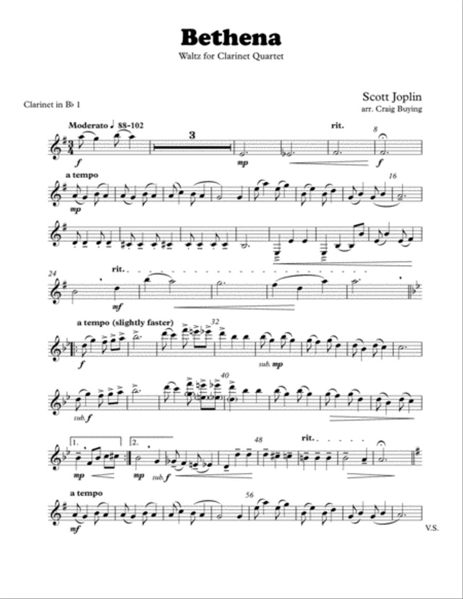 Joplin: Bethena Concert Waltz for Clarinet Quartet Clarinet Quartet scores gallery preview page 6