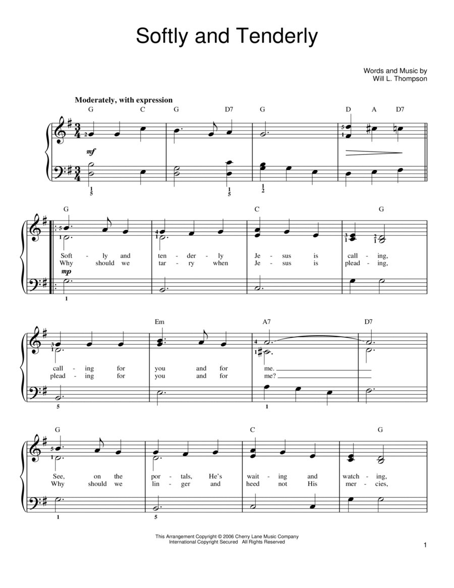 Softly And Tenderly Easy Piano scores gallery preview page 1
