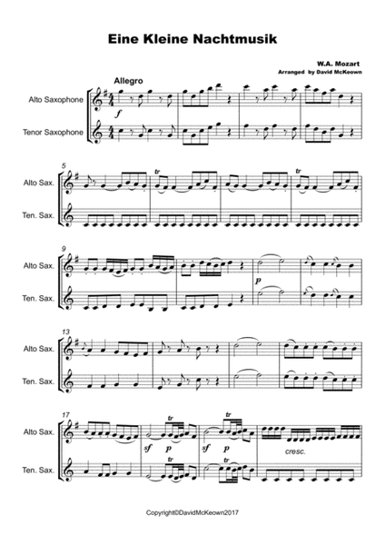 Eine Kleine Nachtmusik, Allegro, by W A Mozart. Alto and Tenor Saxophone Duet image number null