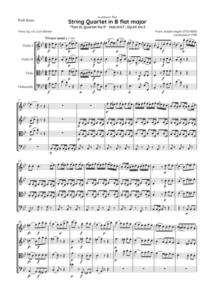 Haydn - String Quartet in B flat major, Hob.III:67 ; Op.64 No.3 "Tost III, Quartet No.3"