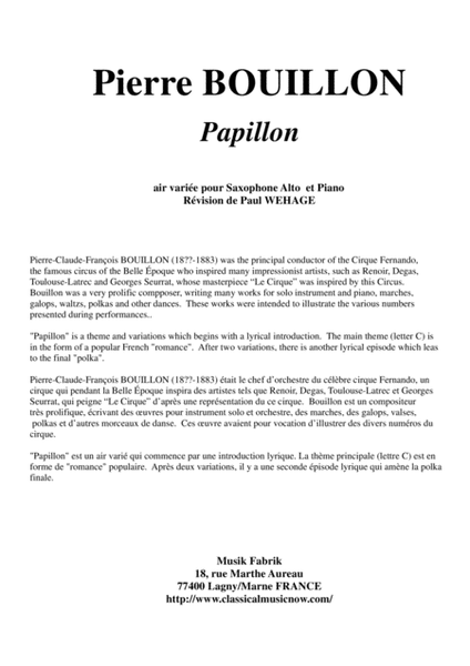 Pierre Bouillon: Papillon for alto saxophone and piano