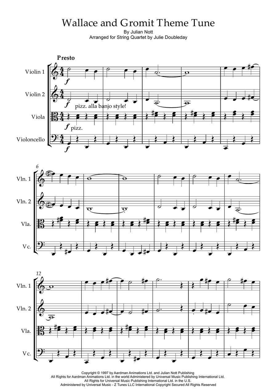 Wallace And Gromit Theme String Quartet scores gallery preview page 1
