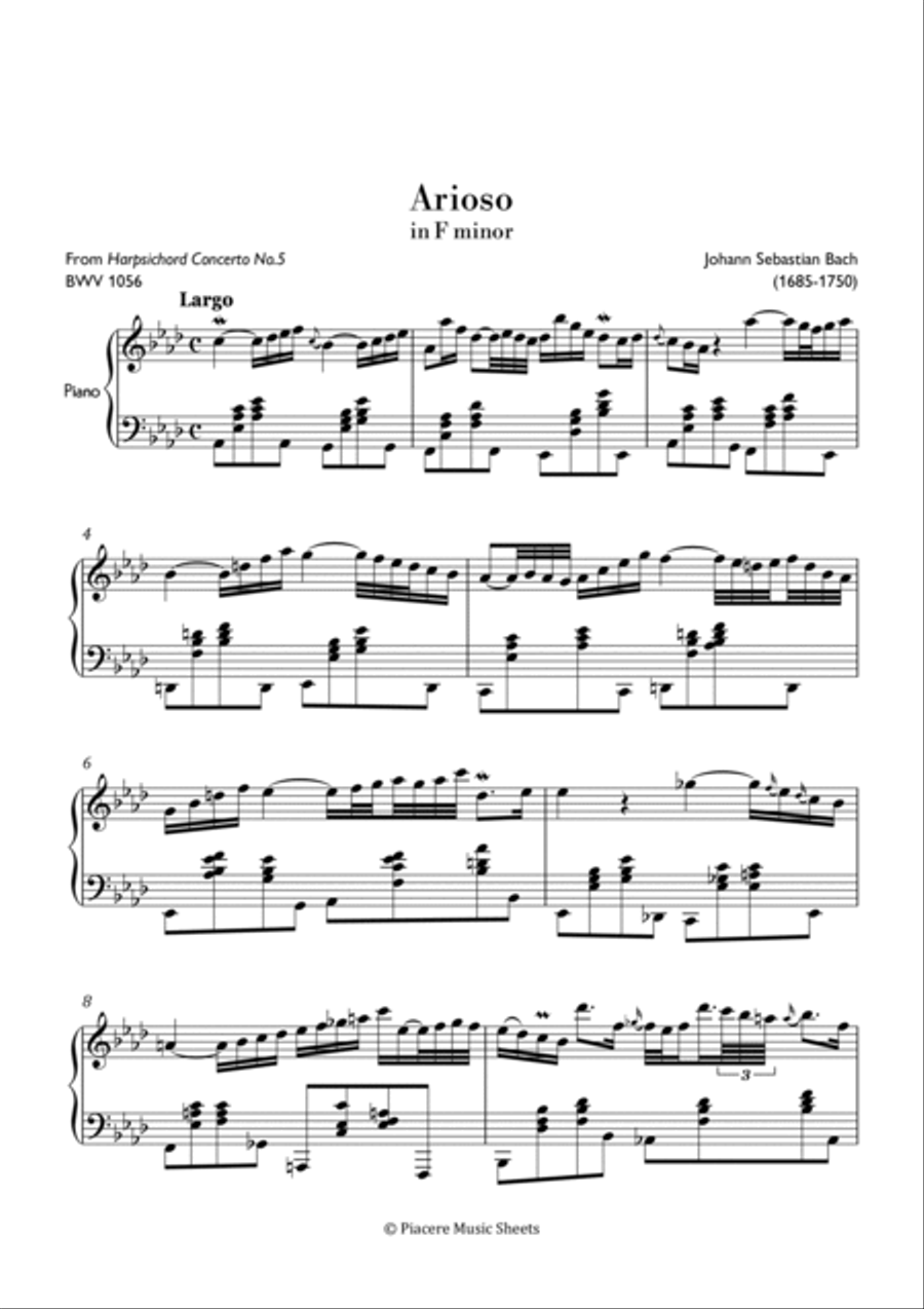 J.S. Bach - Arioso from Concerto No. 5 in F minor - Intermediate Piano Method scores gallery preview page 2