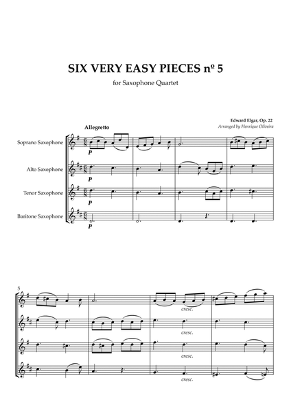 Six Very Easy Pieces nº 5 (Allegretto) - For Saxophone Quartet image number null