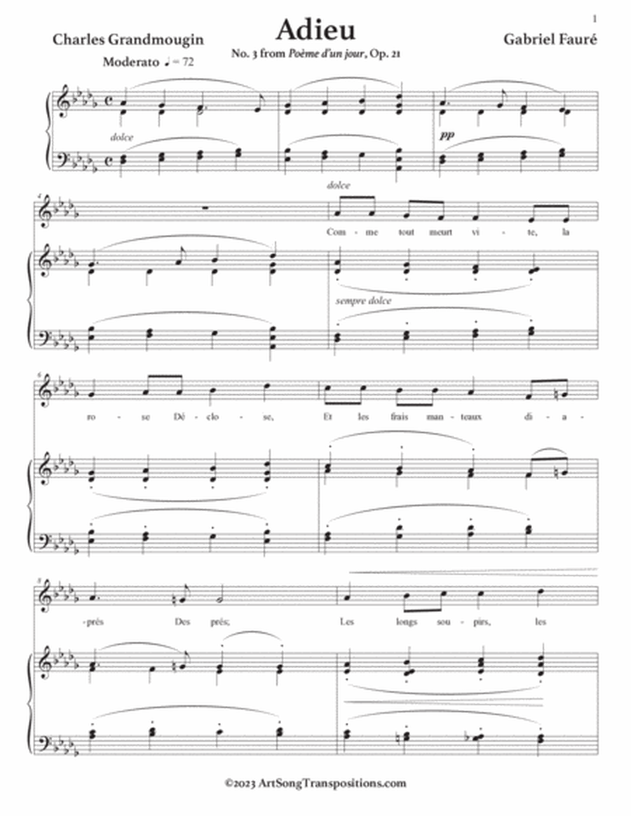 FAURÉ: Adieu, Op. 21 no. 3 (transposed to D-flat major)