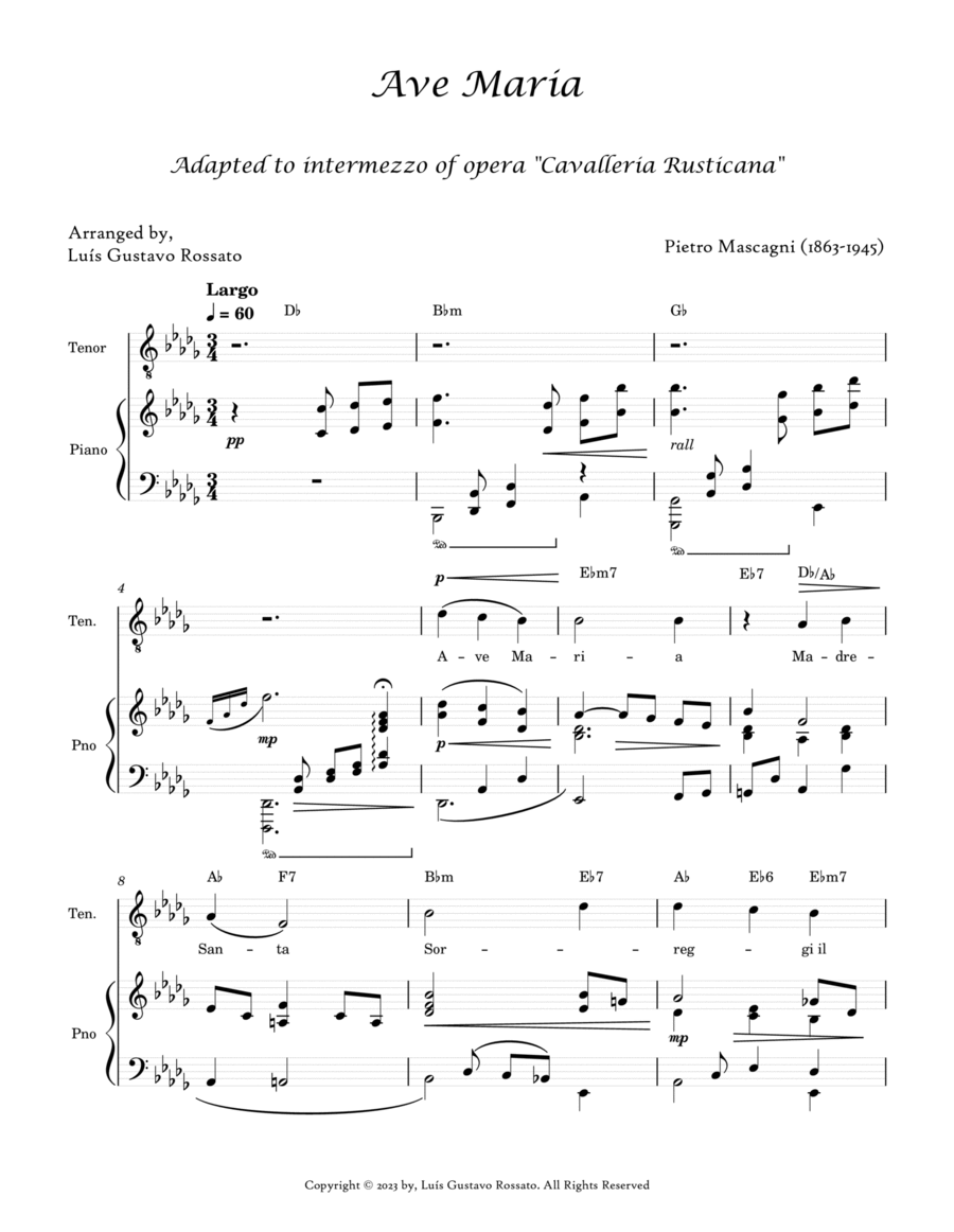 Mascagni - Ave Maria (TENOR - D Flat Major) Voice scores gallery preview page 1