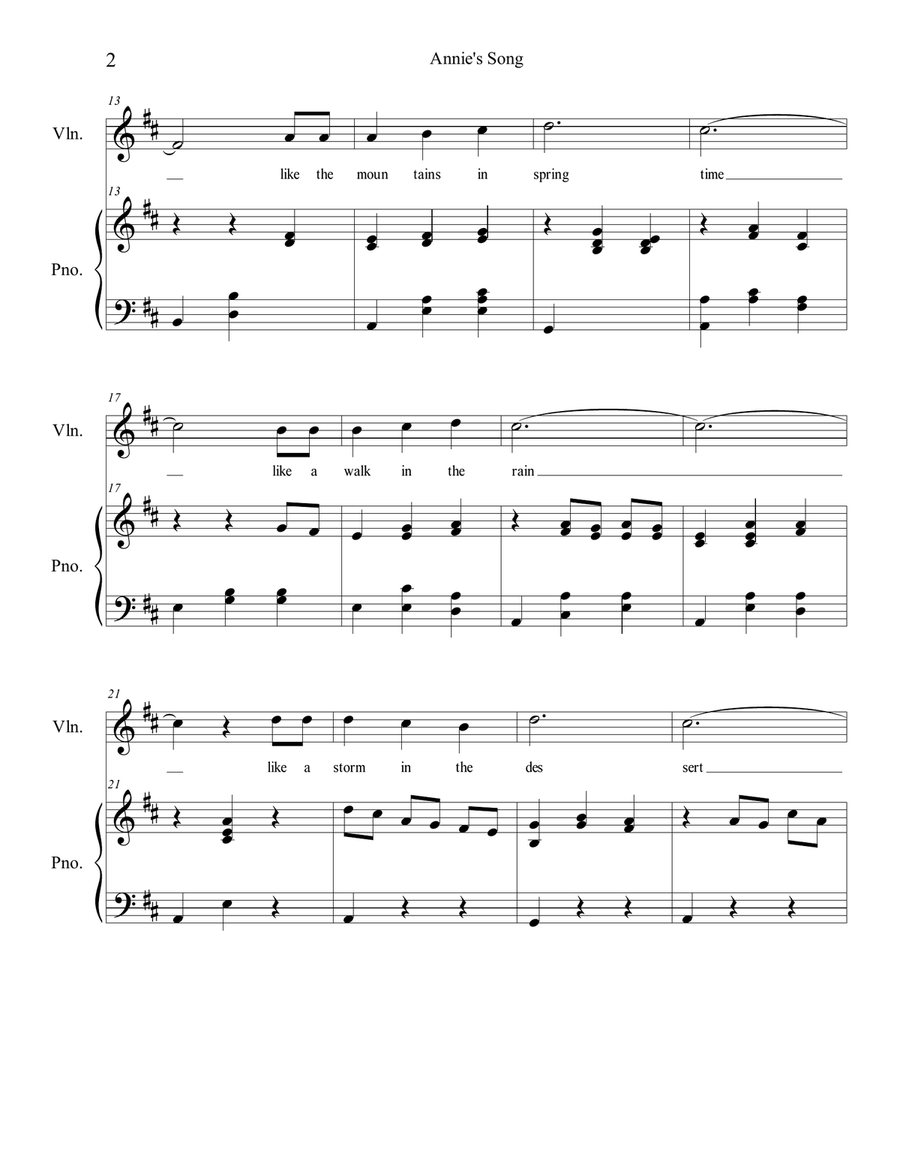 Annie's Song Violin Solo scores gallery preview page 2