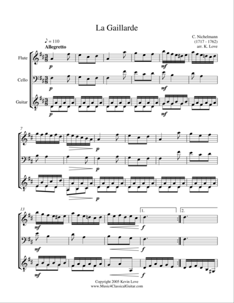 La Gaillarde (Flute, Cello and Guitar) - Score and Parts Small Ensemble scores gallery preview page 1