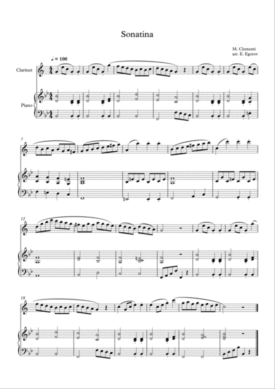 Sonatina (In C Major), Muzio Clementi, For Clarinet & Piano Clarinet Solo scores gallery preview page 1