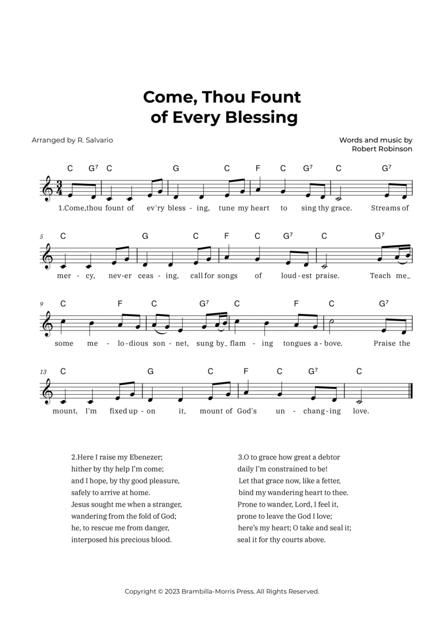 Come Thou Fount of Every Blessing (Key of C Major) Piano scores gallery preview page 1
