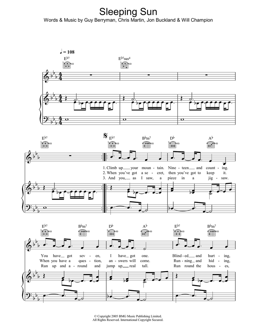 Sleeping Sun Piano, Vocal, Guitar scores gallery preview page 1