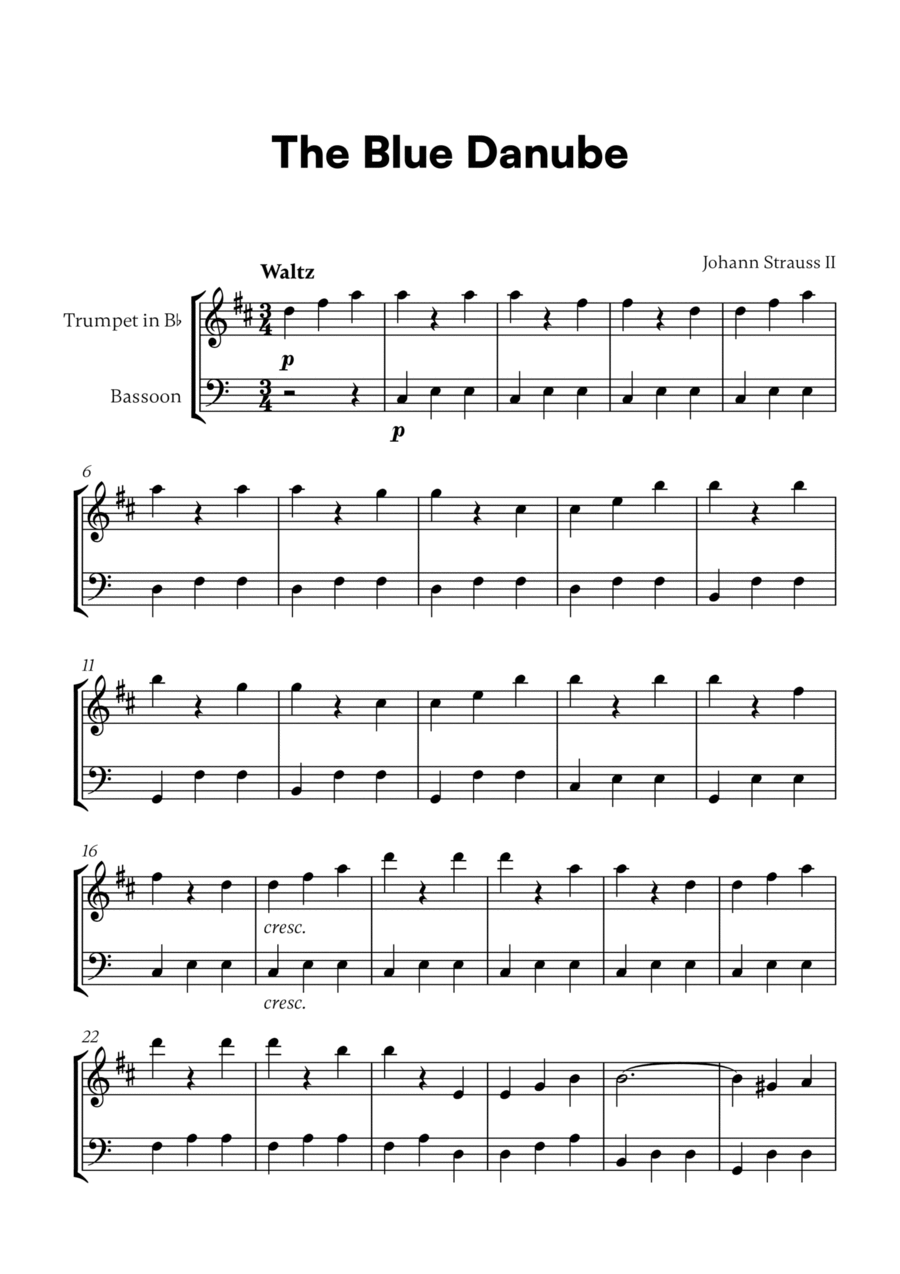 Johann Strauss II - The Blue Danube for Trumpet in Bb and Bassoon Bassoon scores gallery preview page 1
