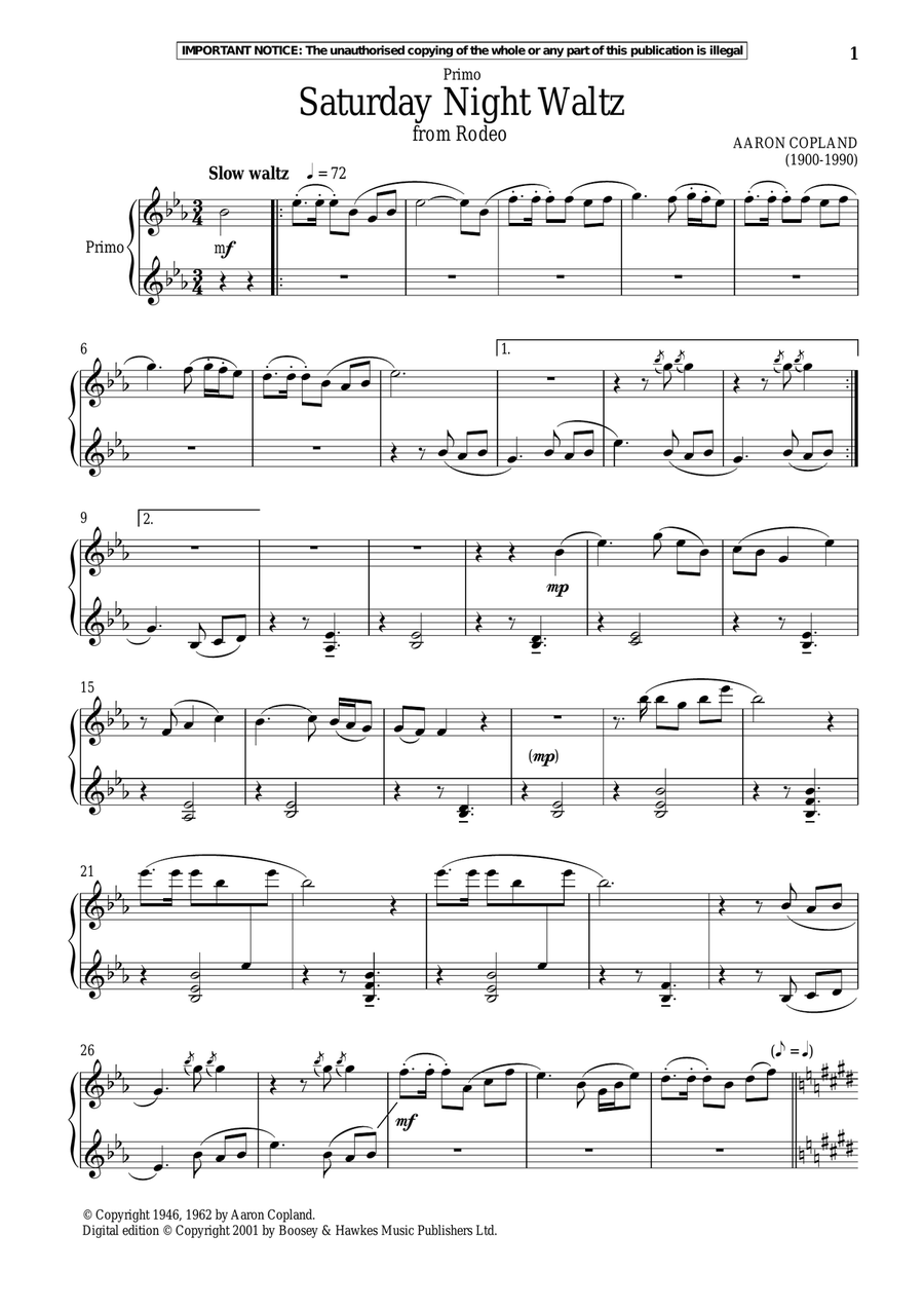 Saturday Night Waltz (from Rodeo) Piano Duet scores gallery preview page 1