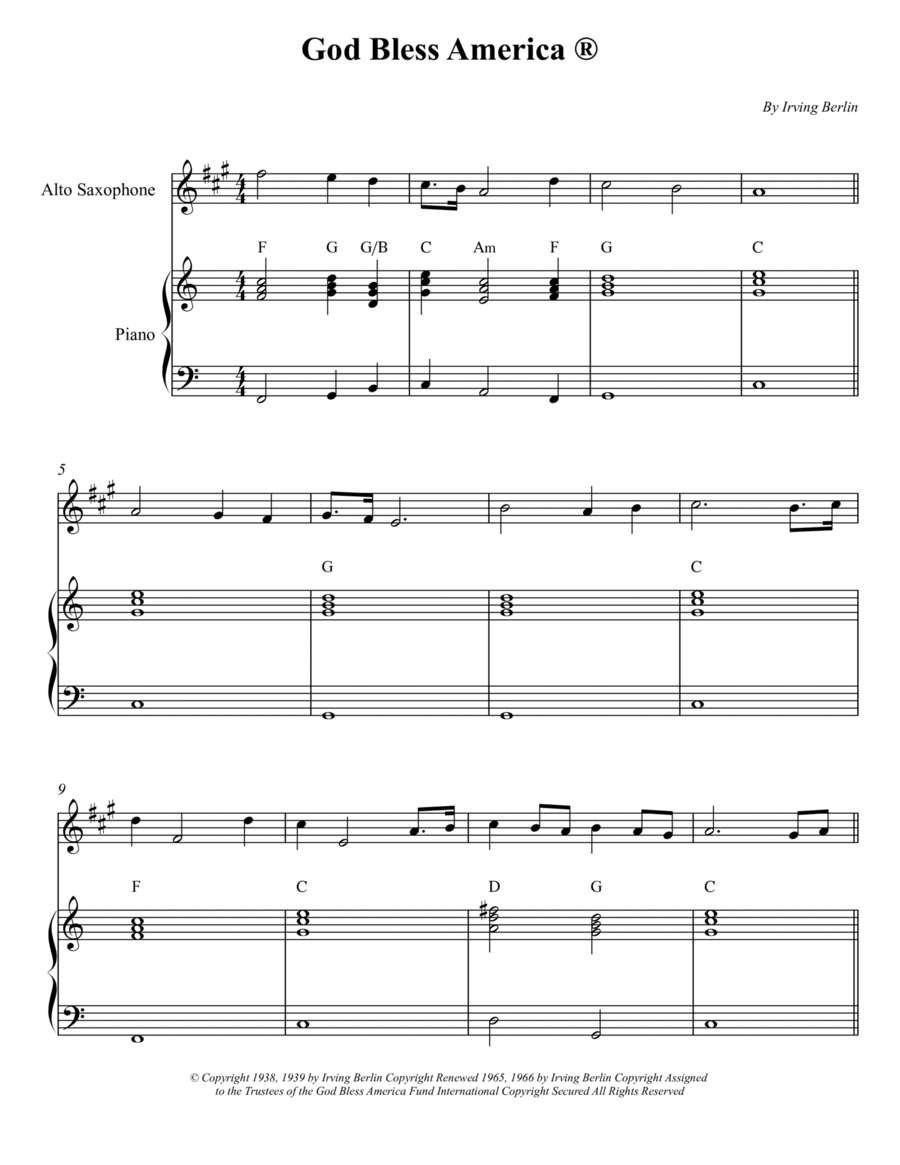 God Bless America ® God Bless America ® Alto Saxophone scores gallery preview page 1