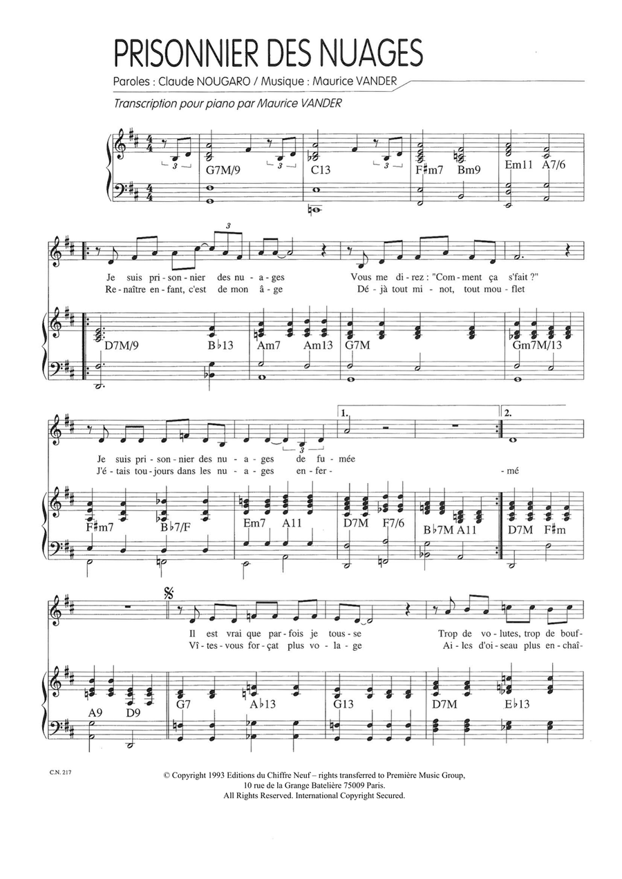 Prisonnier Des Nuages Piano, Vocal scores gallery preview page 1