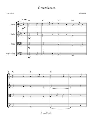 greensleeves for string quartet with chords symbols sheet music
