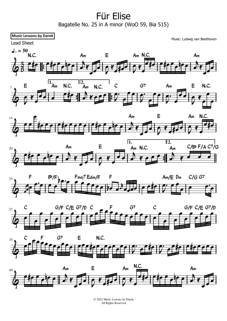 Für Elise (LEAD SHEET) Bagatelle No. 25 in A minor (WoO 59, Bia 515) [Ludwig van Beethoven] Piano scores gallery preview page 1