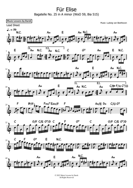 Für Elise (LEAD SHEET) Bagatelle No. 25 in A minor (WoO 59, Bia 515) [Ludwig van Beethoven] image number null