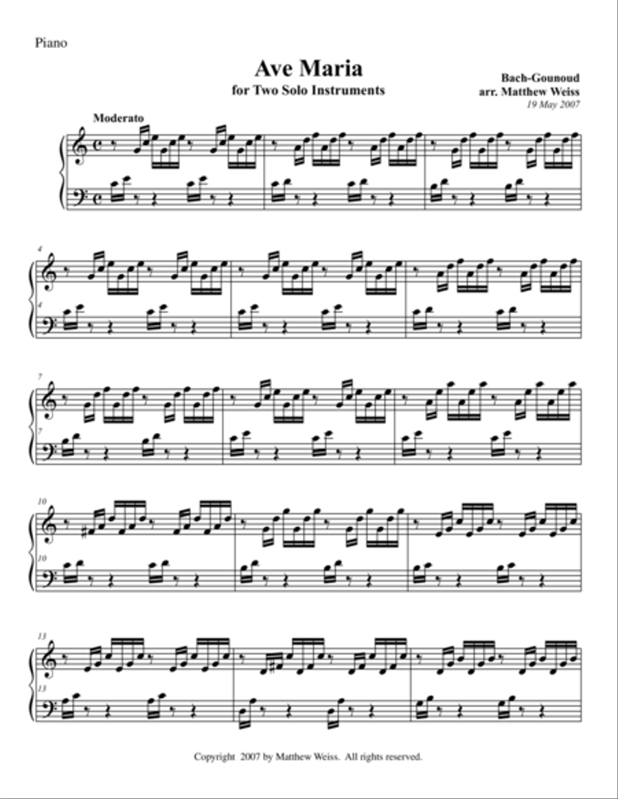 Ave Maria for Two Solo Instruments - Piano Only