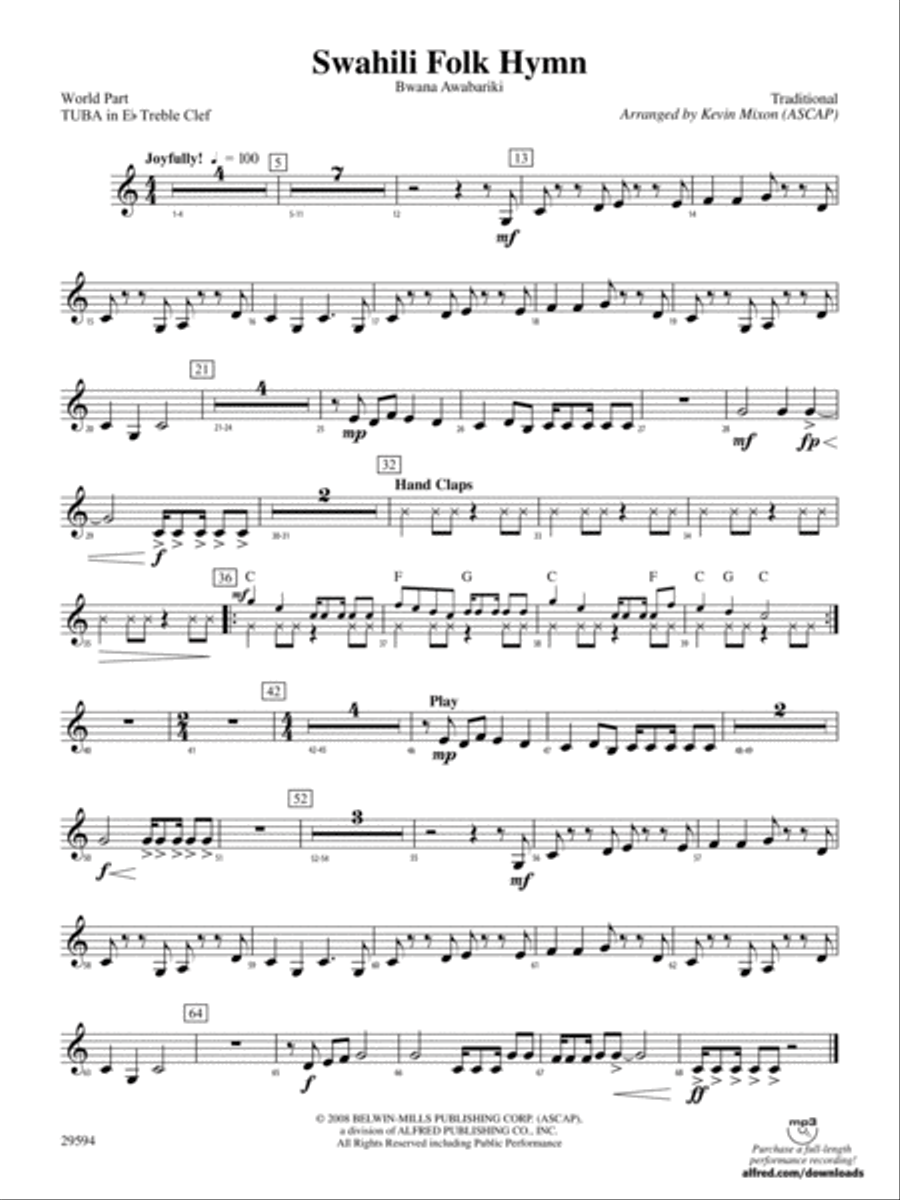 Swahili Folk Hymn (Bwana Awabariki): (World Part) E-flat Tuba T.C. Concert Band scores gallery preview page 1