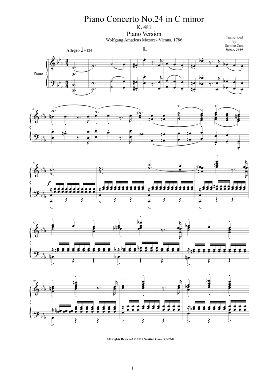 Mozart - Piano Concerto No.24 in C minor K 491 - Complete Piano Version Piano Solo scores gallery preview page 1