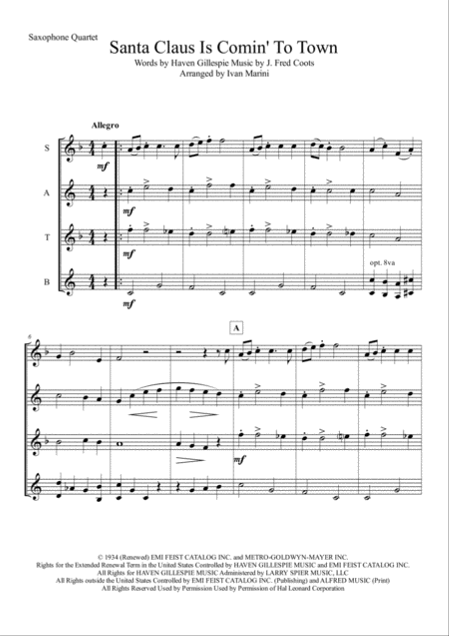 Santa Claus Is Comin' To Town Saxophone Quartet scores gallery preview page 2