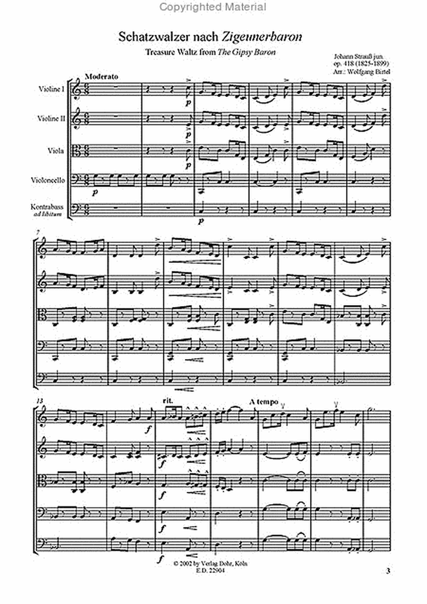 Schatzwalzer op. 418 (für Streichquartett) (nach "Zigeunerbaron")