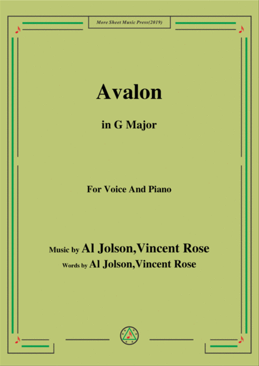 Al Jolson,Vincent Rose-Avalon,in G Major,for Voice and Piano Voice Solo scores gallery preview page 1