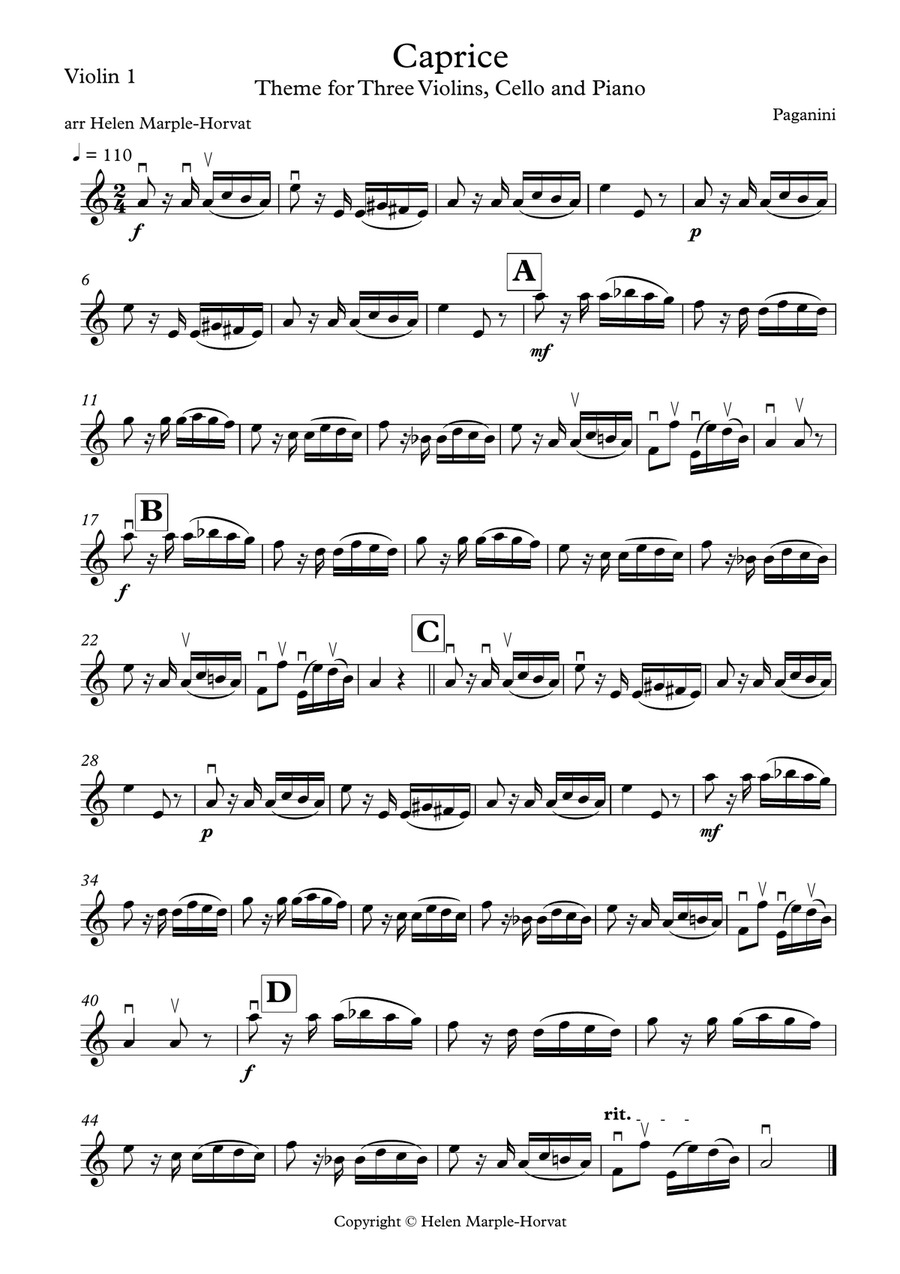 PAGANINI CAPRICE - VARIATIONS FOR THREE VIOLINS, CELLO AND PIANO String Quartet scores gallery preview page 3