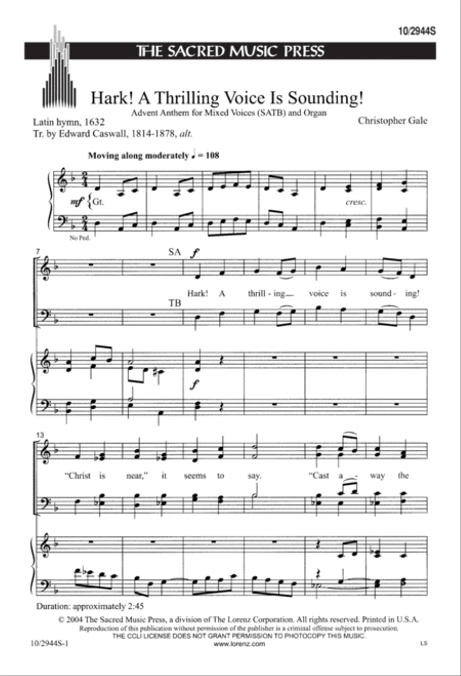 Hark! A Thrilling Voice Is Sounding 4-Part scores gallery preview page 1