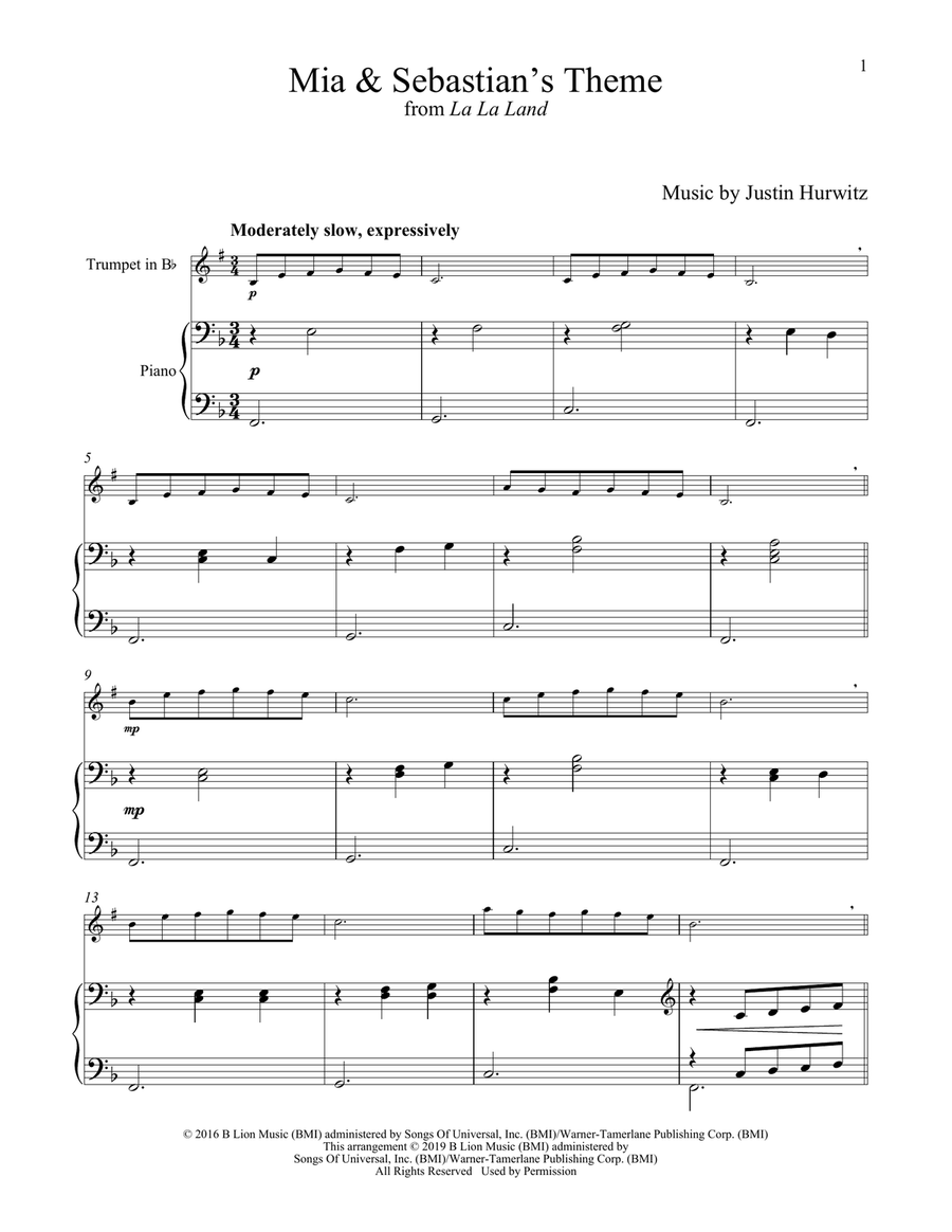 Mia & Sebastian's Theme (from La La Land) Trumpet Solo scores gallery preview page 1